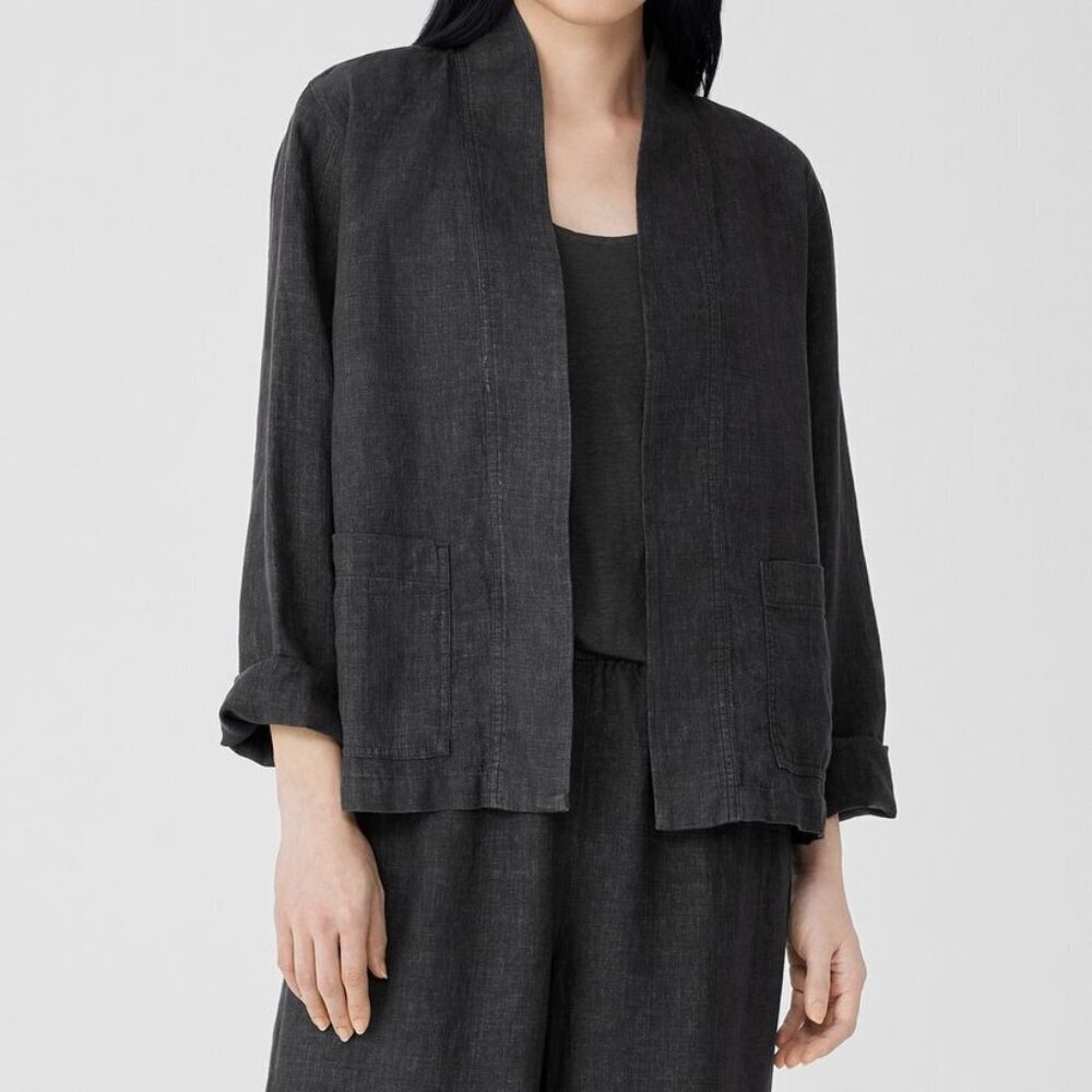 Eileen Fisher Charcoal Black Open-Front light weight Linen Jacket (0149)